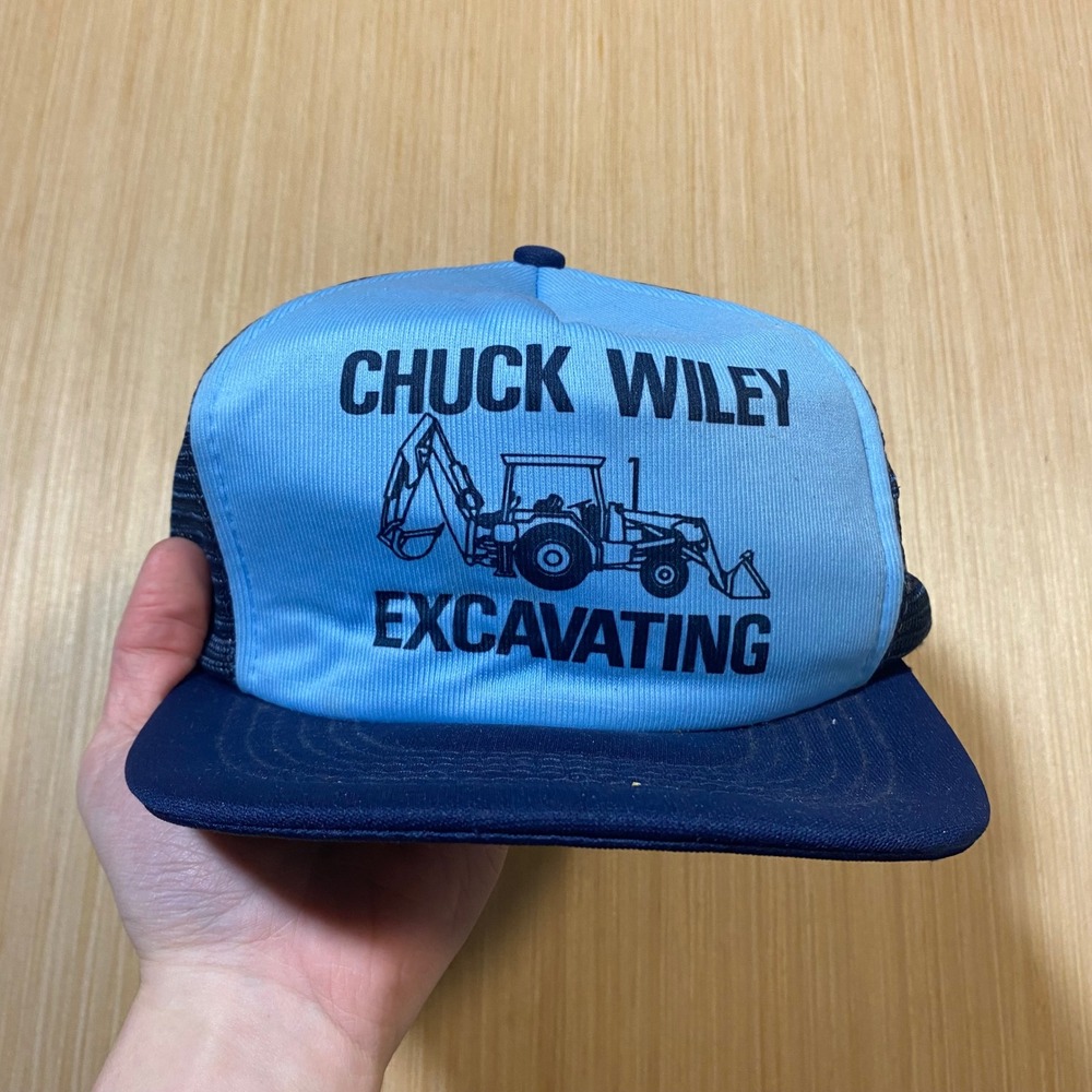 Vintage Chuck Wiley Excavating Trucker Hat Navy Blue Snapback Mesh Cap KAP II